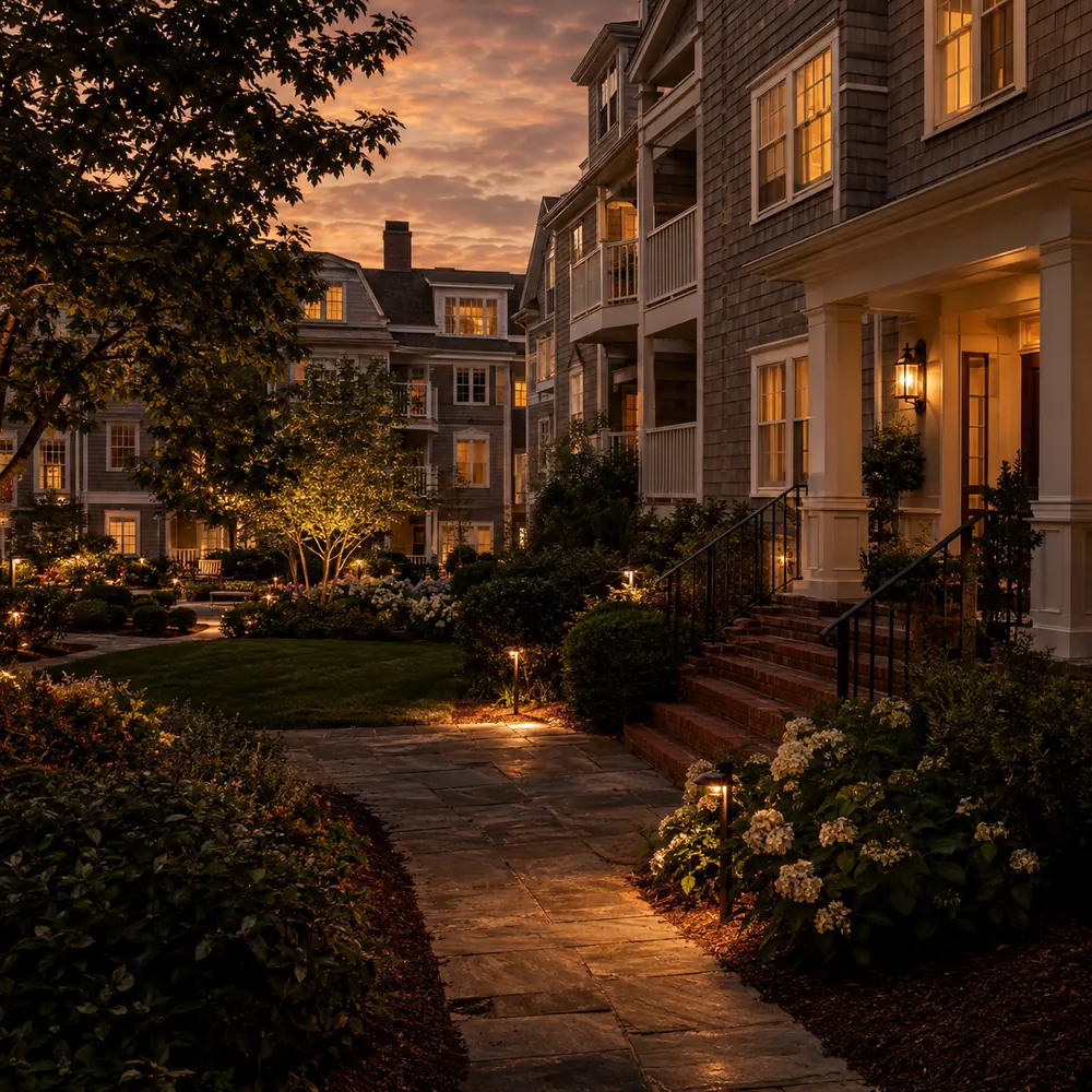 A condominium courtyard with a stone walkway