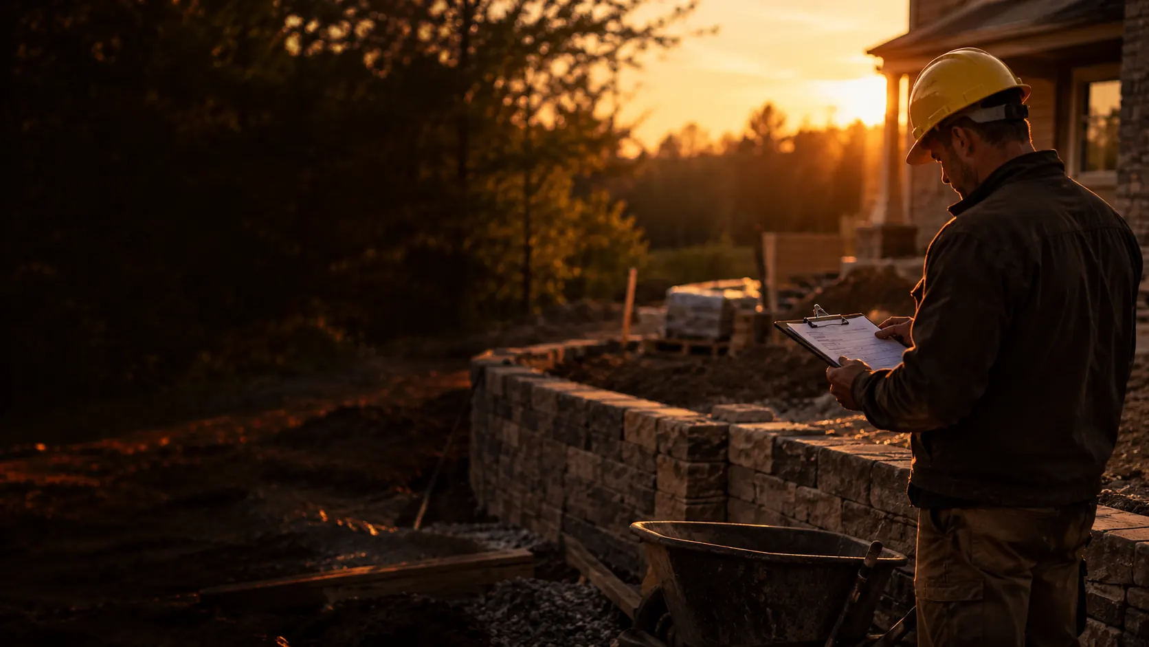 A contractor reviewing paperwork beside a stone retaining wall