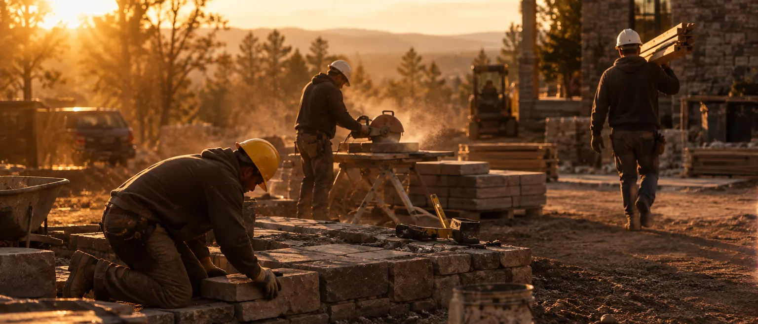 A crew laying a stone wall, cutting block and carrying lumber